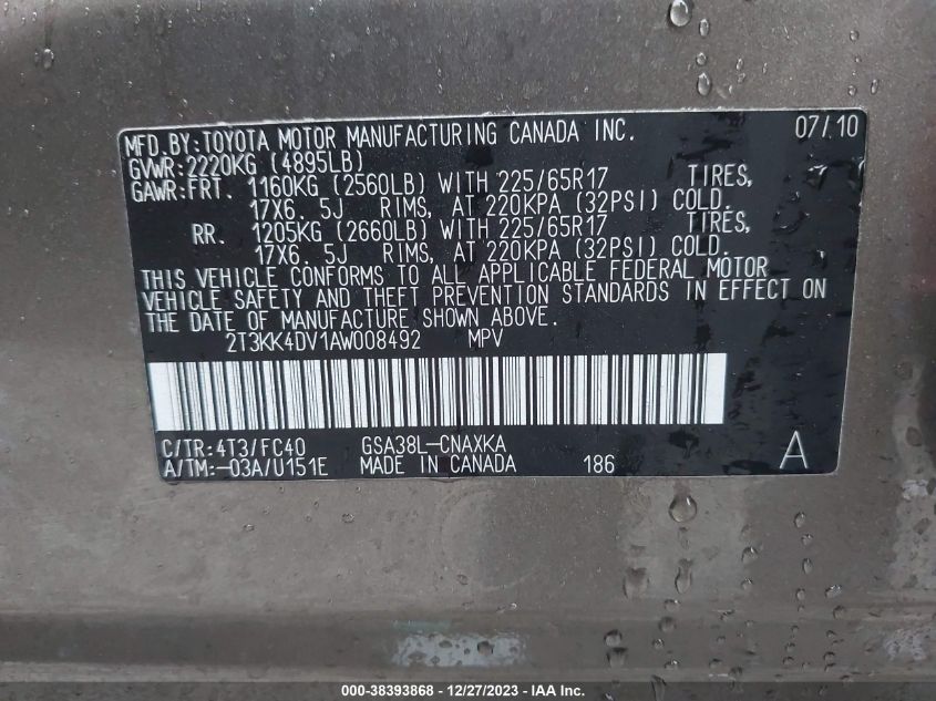 2T3KK4DV1AW008492 2010 Toyota Rav4 Base V6