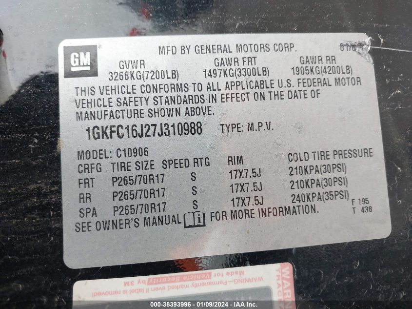 1GKFC16J27J310988 2007 GMC Yukon Xl 1500 Slt