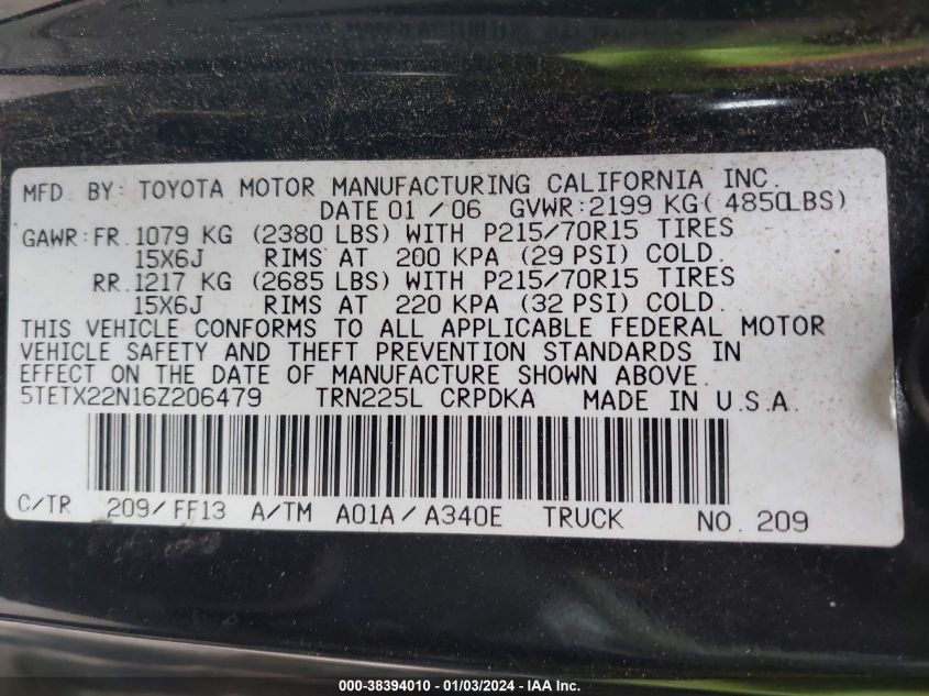 2006 Toyota Tacoma VIN: 5TETX22N16Z206479 Lot: 38394010