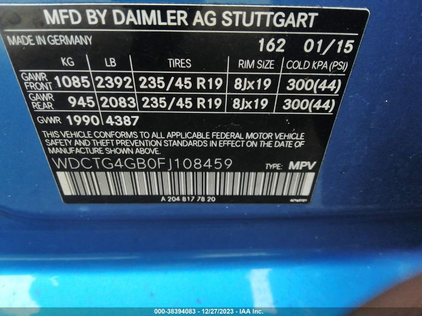 WDCTG4GB0FJ108459 2015 Mercedes-Benz Gla 250 4Matic