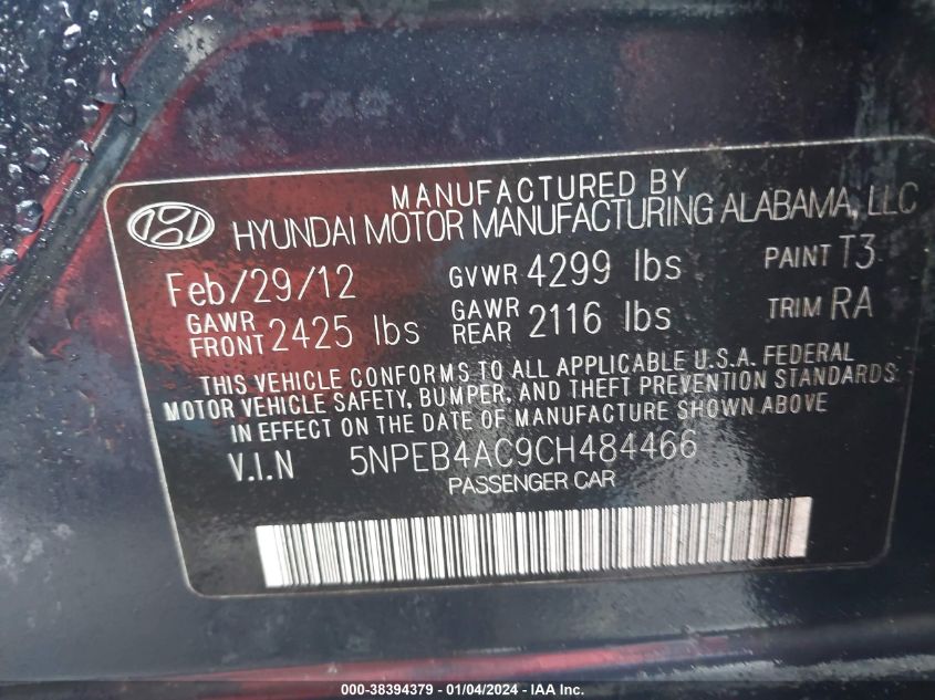 2012 Hyundai Sonata Gls VIN: 5NPEB4AC9CH484466 Lot: 38394379