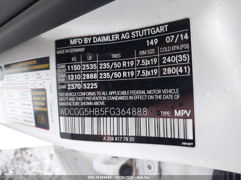 WDCGG5HB5FG364888 2015 Mercedes-Benz Glk 350