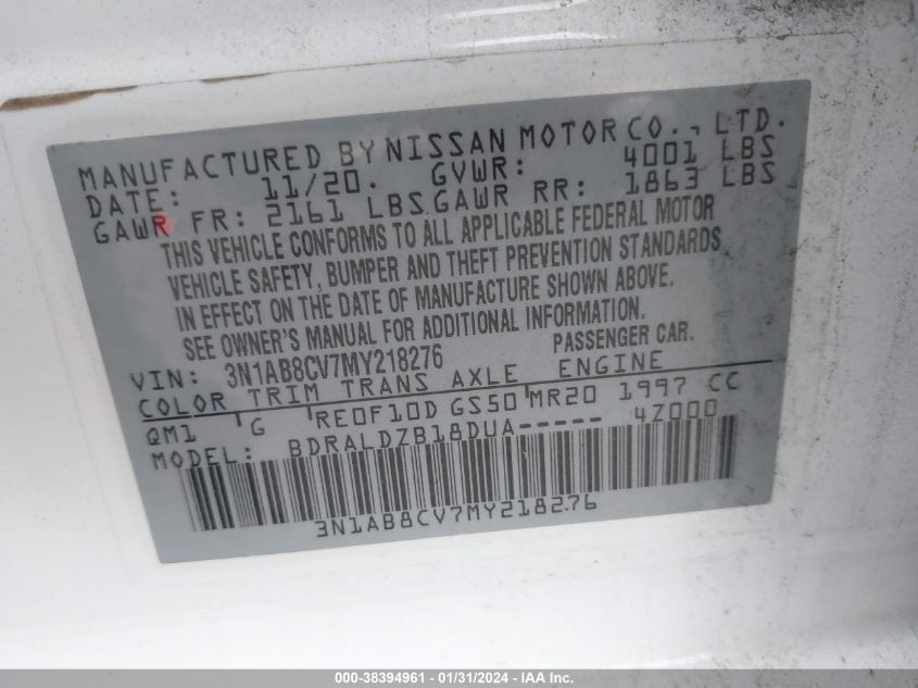 2021 Nissan Sentra Sv Xtronic Cvt VIN: 3N1AB8CV7MY218276 Lot: 38394961