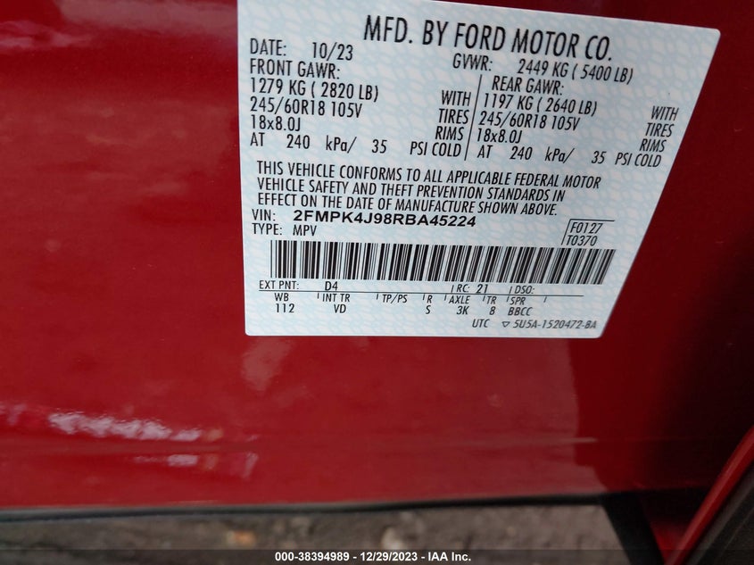 2024 Ford Edge Sel VIN: 2FMPK4J98RBA45224 Lot: 38394989