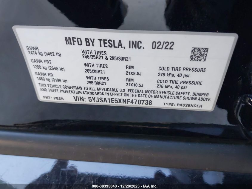 2022 Tesla Model S Dual Motor All-Wheel Drive VIN: 5YJSA1E5XNF470738 Lot: 38395040