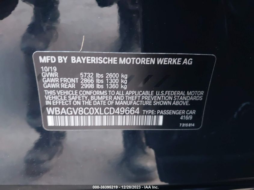 2020 BMW 8 Series M850I VIN: WBAGV8C0XLCD49664 Lot: 38395219