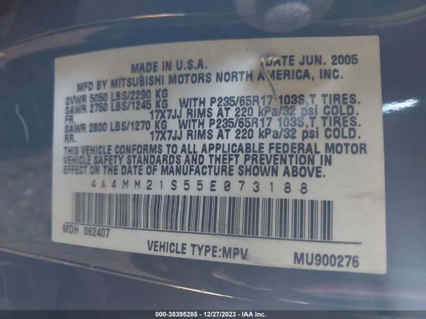 2005 Mitsubishi Endeavor Ls VIN: 4A4MM21S55E073188 Lot: 38395285