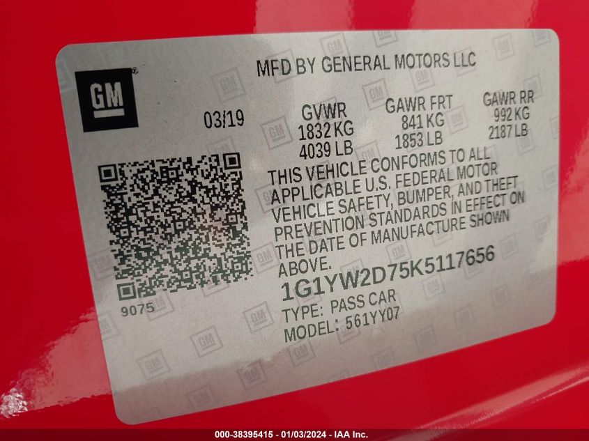 1G1YW2D75K5117656 2019 Chevrolet Corvette Grand Sport