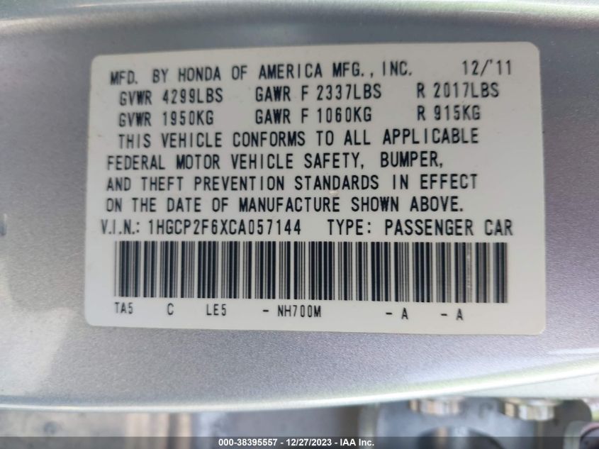 1HGCP2F6XCA057144 2012 Honda Accord 2.4 Se