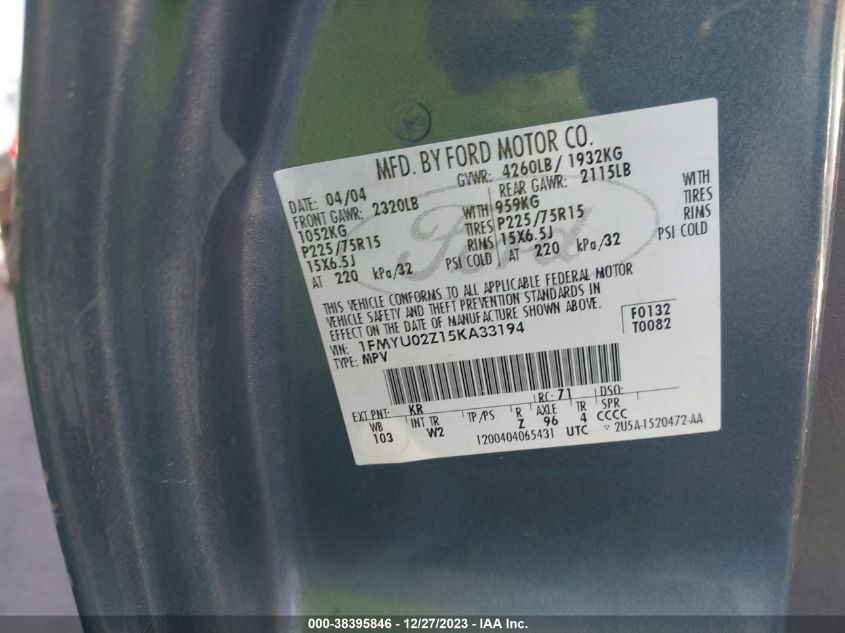 2005 Ford Escape Xls VIN: 1FMYU02Z15KA33194 Lot: 38395846