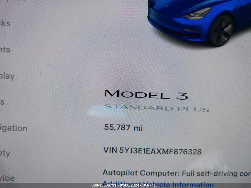 2021 Tesla Model 3 Standard Range Plus Rear-Wheel Drive VIN: 5YJ3E1EAXMF876328 Lot: 38396791