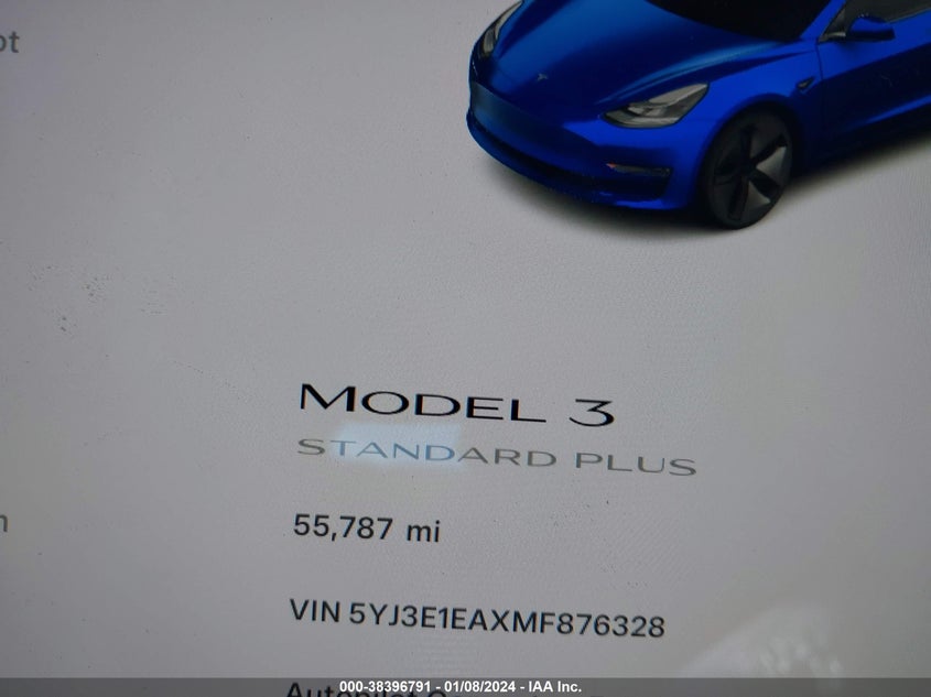 2021 Tesla Model 3 Standard Range Plus Rear-Wheel Drive VIN: 5YJ3E1EAXMF876328 Lot: 38396791