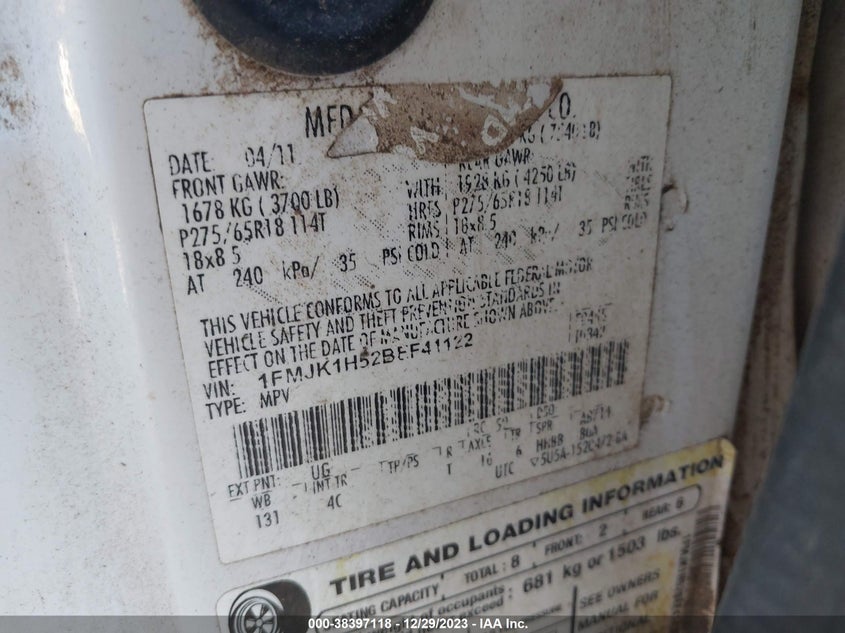 2011 Ford Expedition El Xlt VIN: 1FMJK1H52BEF41122 Lot: 38397118