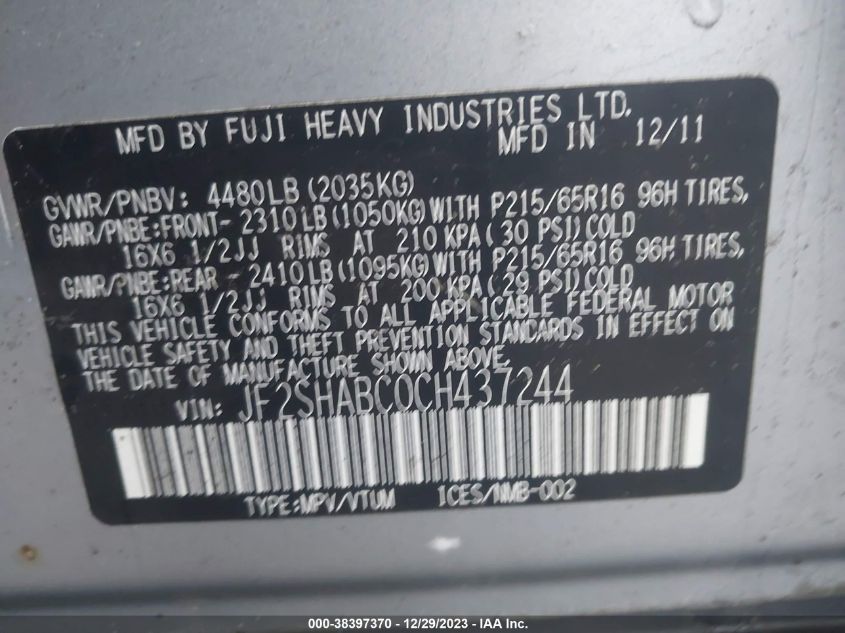 JF2SHABC0CH437244 2012 Subaru Forester 2.5X