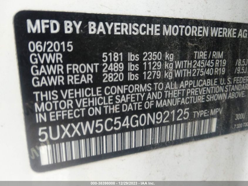 5UXXW5C54G0N92125 2016 BMW X4 xDrive35I