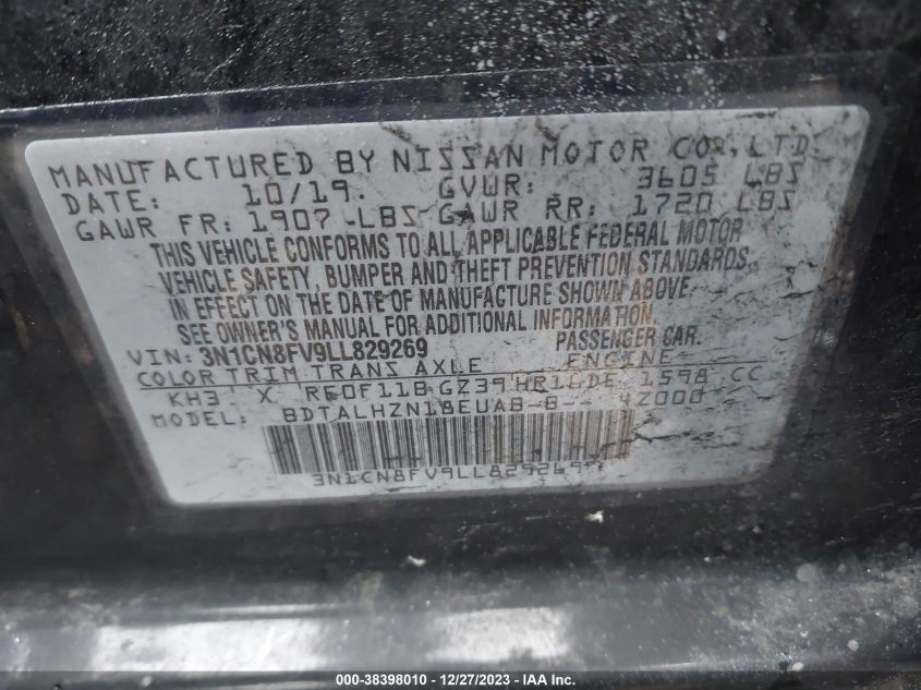 2020 Nissan Versa Sr Xtronic Cvt VIN: 3N1CN8FV9LL829269 Lot: 38398010