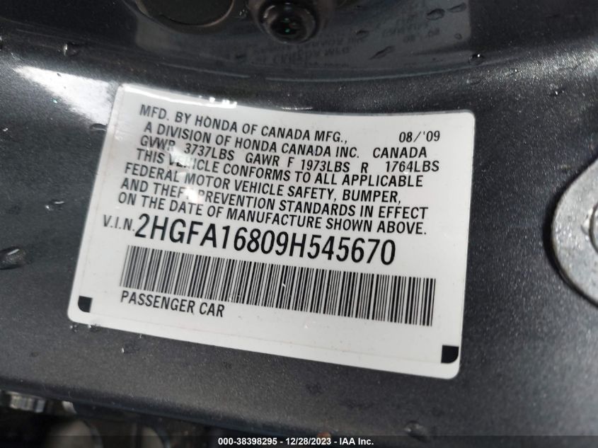 2HGFA16809H545670 2009 Honda Civic Ex