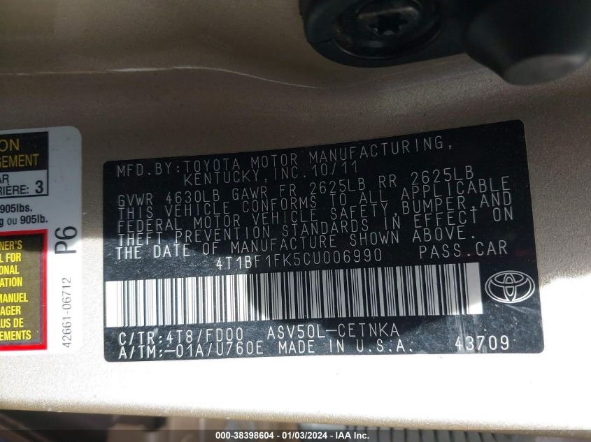 4T1BF1FK5CU006990 2012 Toyota Camry Le