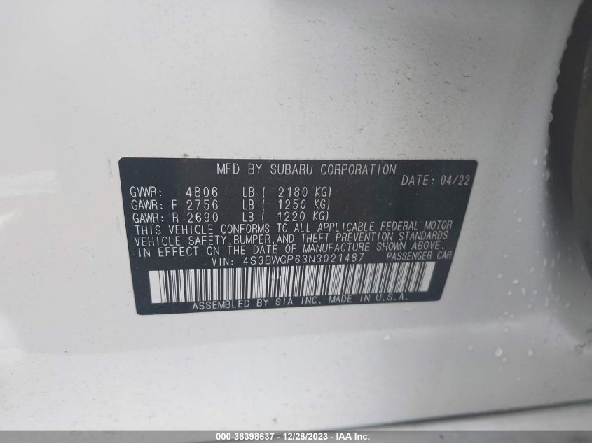 4S3BWGP63N3021487 2022 Subaru Legacy Touring Xt