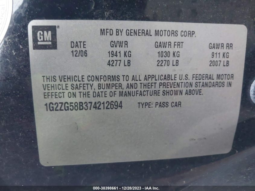 1G2ZG58B374212694 2007 Pontiac G6