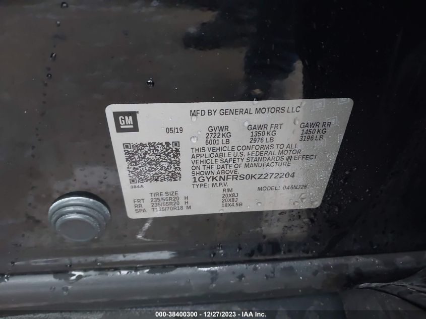 2019 Cadillac Xt5 Premium Luxury VIN: 1GYKNFRS0KZ272204 Lot: 38400300