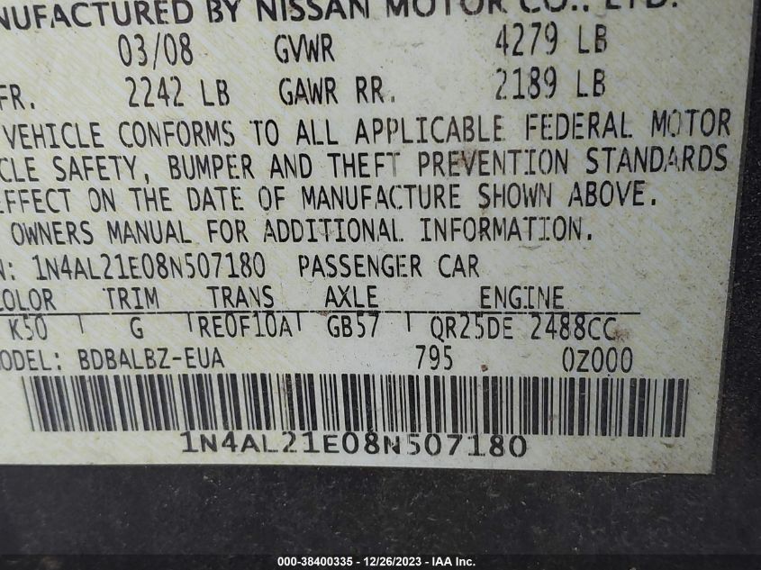 1N4AL21E08N507180 2008 Nissan Altima 2.5 S