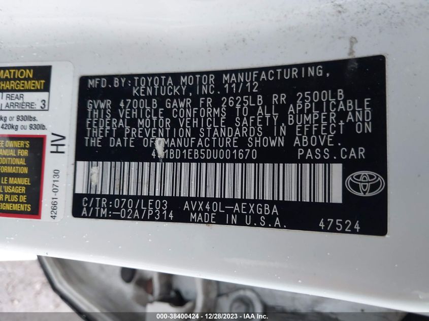 4T1BD1EB5DU001670 2013 Toyota Avalon Hybrid Xle Touring