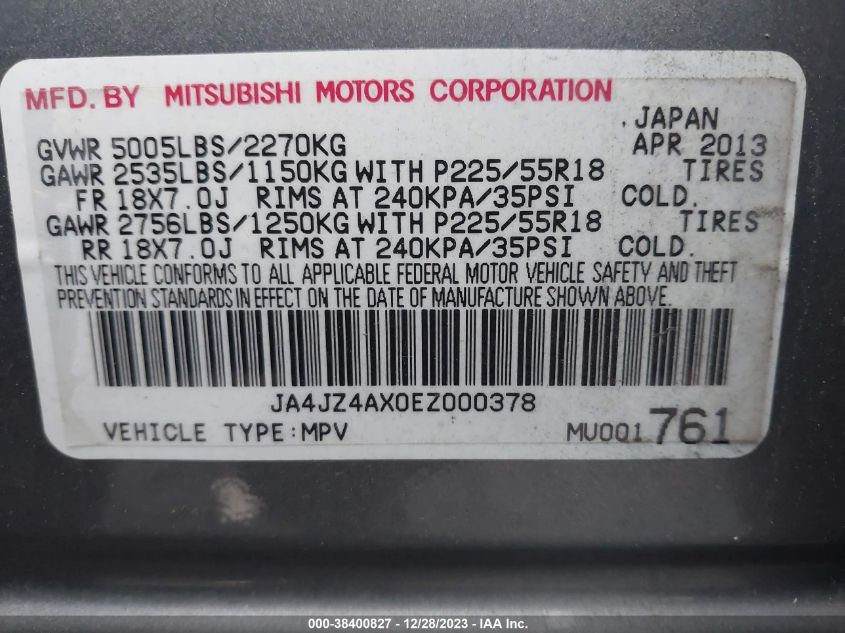 JA4JZ4AX0EZ000378 2014 Mitsubishi Outlander Gt