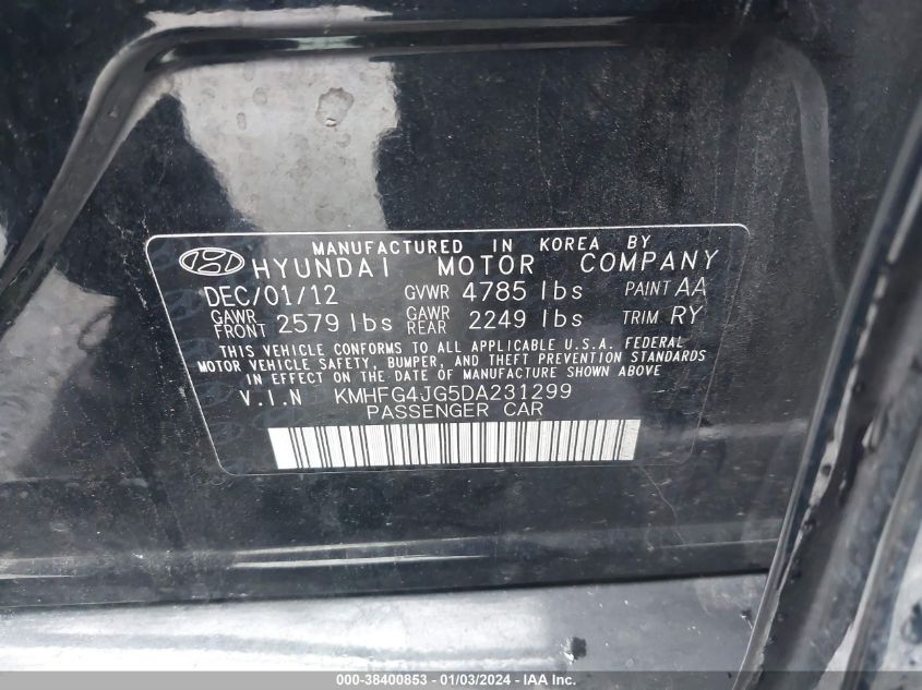 2013 Hyundai Azera VIN: KMHFG4JG5DA231299 Lot: 38400853