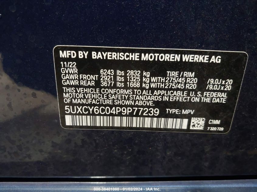 5UXCY6C04P9P77239 2023 BMW X6 xDrive40I