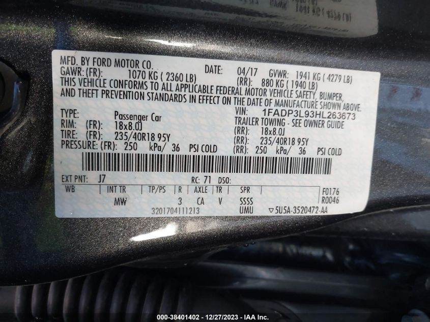 2017 Ford Focus St VIN: 1FADP3L93HL263673 Lot: 38401402