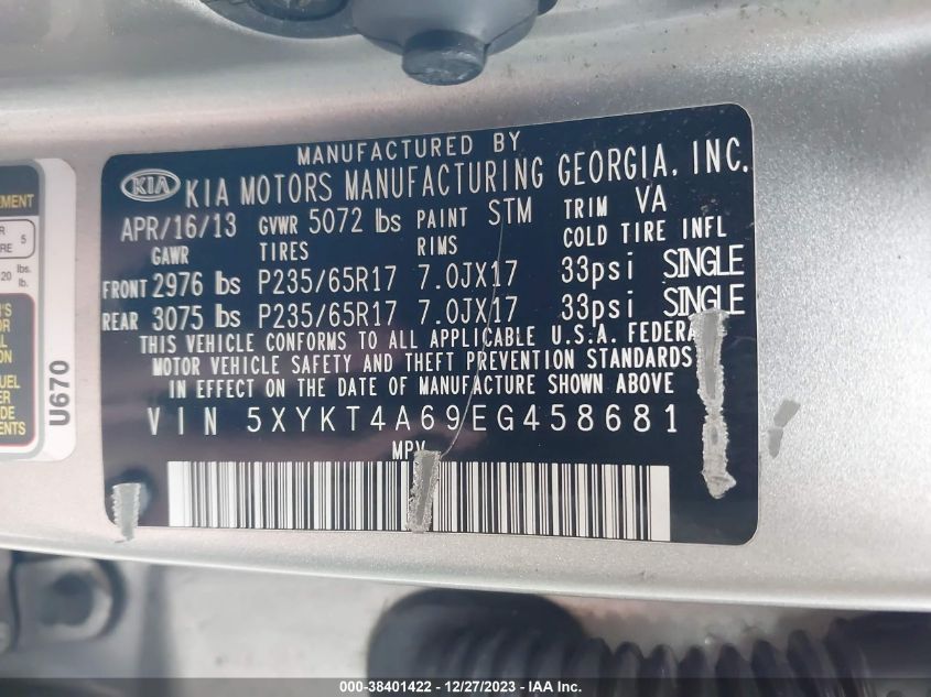 5XYKT4A69EG458681 2014 Kia Sorento Lx