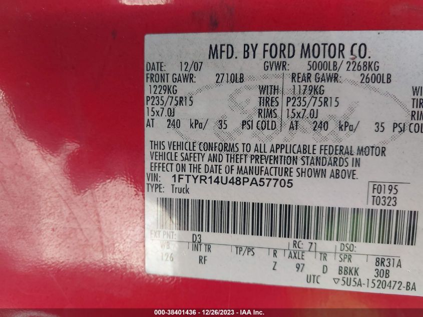 2008 Ford Ranger Sport VIN: 1FTYR14U48PA57705 Lot: 38401436