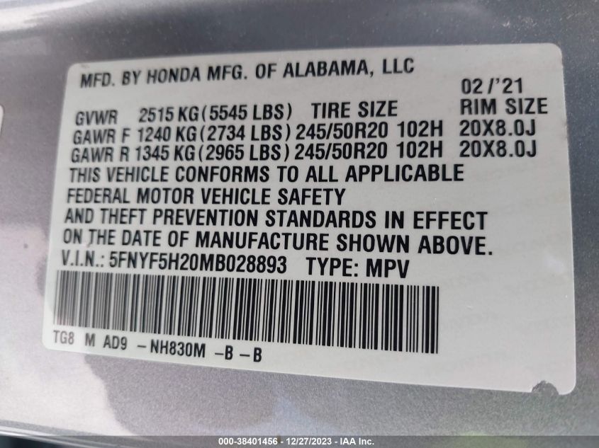 2021 Honda Pilot 2Wd Special Edition VIN: 5FNYF5H20MB028893 Lot: 38401456