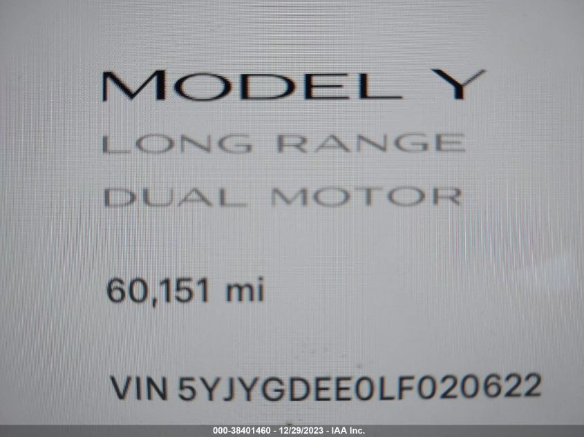 2020 Tesla Model Y Long Range Dual Motor All-Wheel Drive VIN: 5YJYGDEE0LF020622 Lot: 38401460