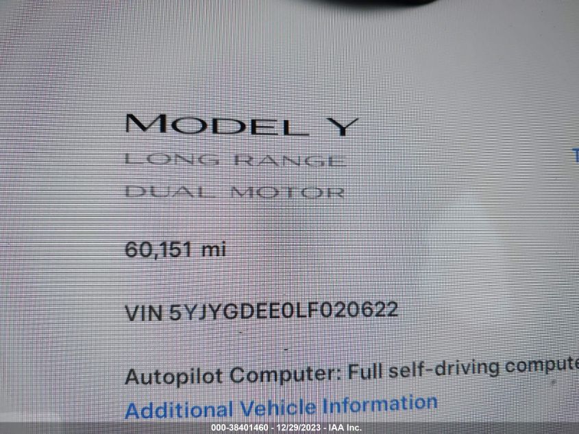 2020 Tesla Model Y Long Range Dual Motor All-Wheel Drive VIN: 5YJYGDEE0LF020622 Lot: 38401460