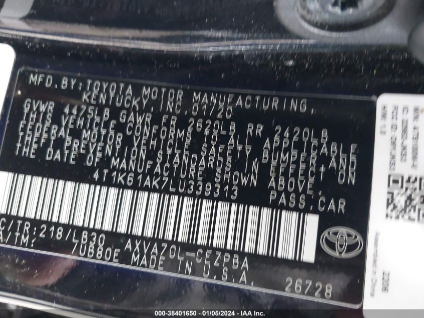 4T1K61AK7LU339313 2020 Toyota Camry Xse