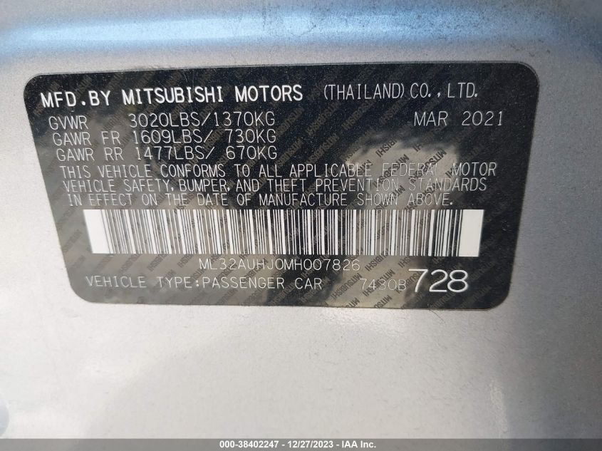 2021 Mitsubishi Mirage Es VIN: ML32AUHJ0MH007826 Lot: 38402247