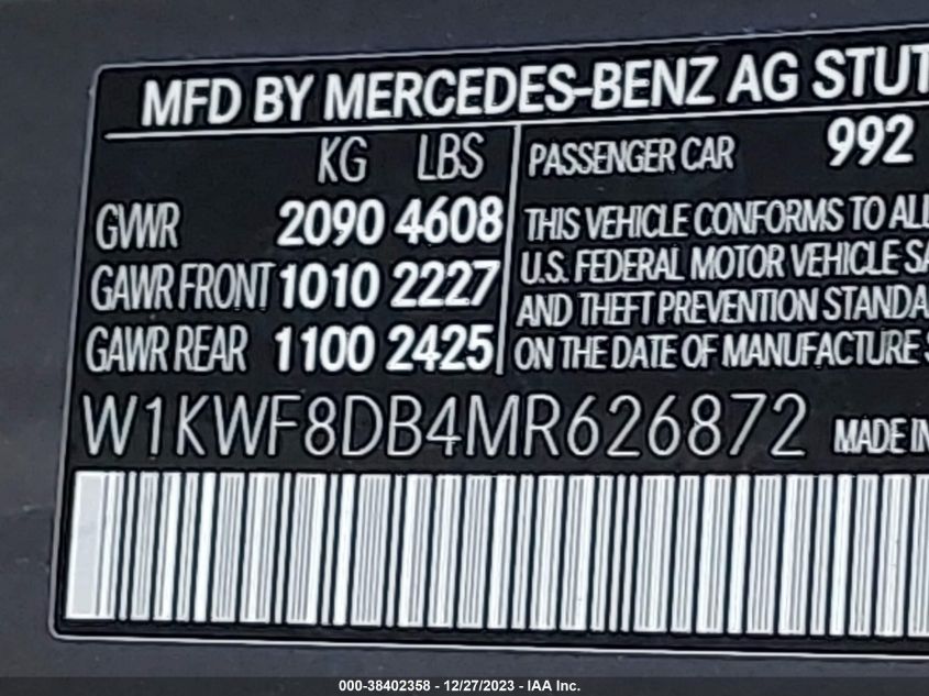 2021 Mercedes-Benz C 300 Sedan VIN: W1KWF8DB4MR626872 Lot: 38402358