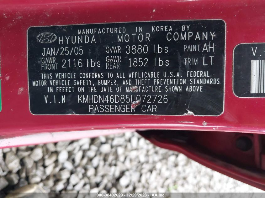 2005 Hyundai Elantra Gls/Gt VIN: KMHDN46D85U072726 Lot: 38402629