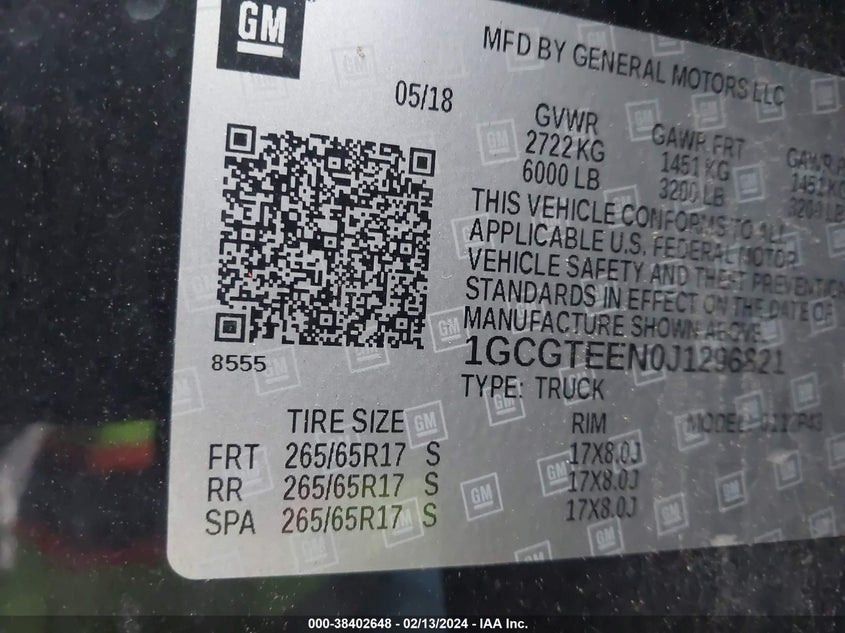 2018 CHEVROLET COLORADO ZR2 1GCGTEEN0J1296821