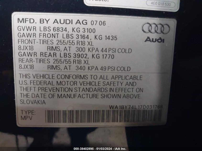 WA1BY74L17D031768 2007 Audi Q7 3.6 Premium