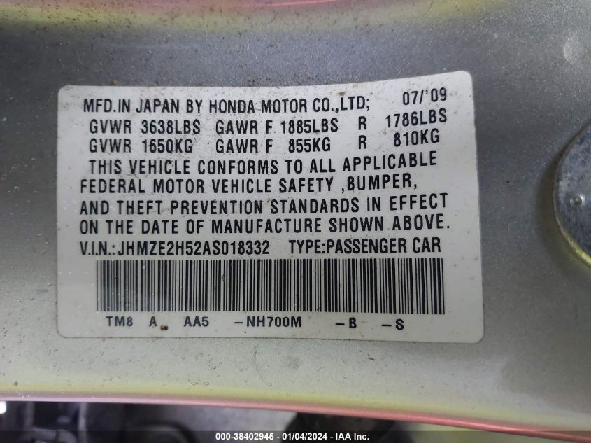 JHMZE2H52AS018332 2010 Honda Insight Lx