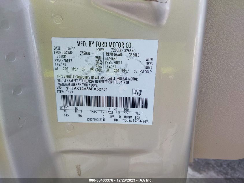 1FTPX14V88FA52751 2008 Ford F-150 Xlt