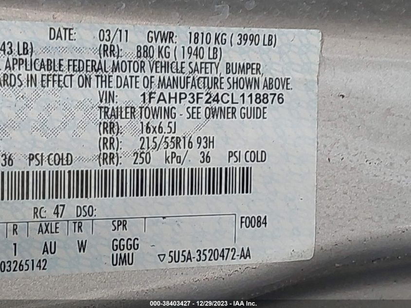 1FAHP3F24CL118876 2012 Ford Focus Se