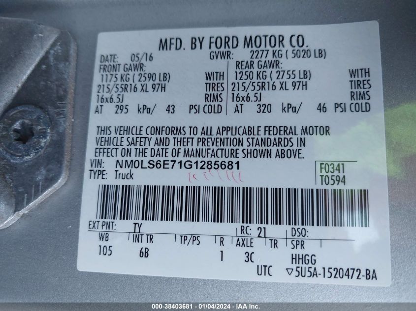 2016 Ford Transit Connect Xl VIN: NM0LS6E71G1285681 Lot: 38403681