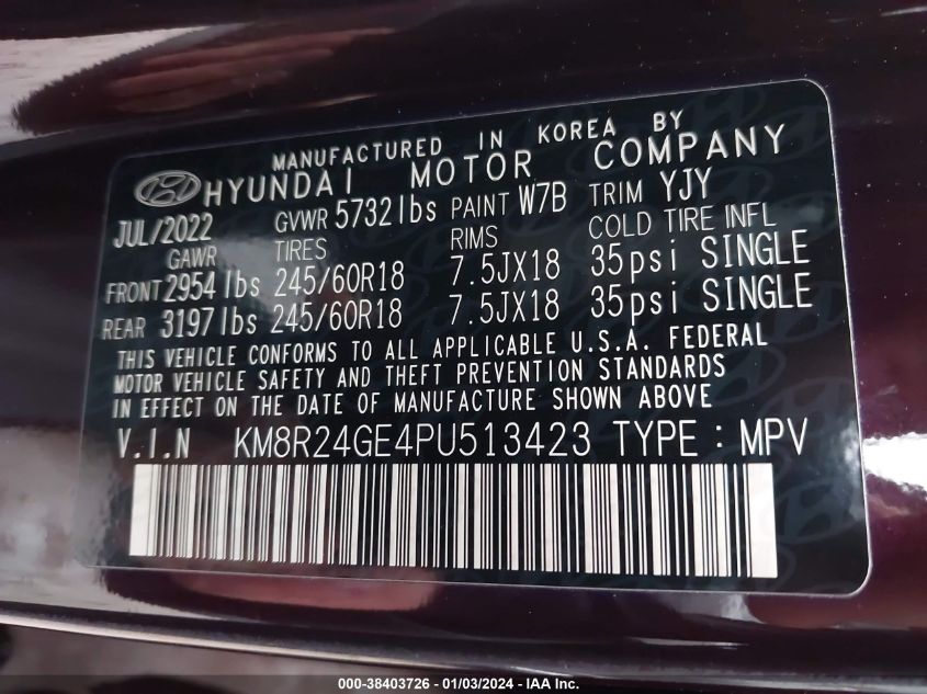 2023 Hyundai Palisade Sel VIN: KM8R24GE4PU513423 Lot: 38403726