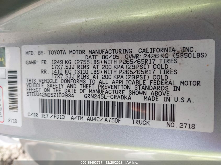 2005 Toyota Tacoma Base V6 VIN: 5TEUU42N05Z103934 Lot: 38403737