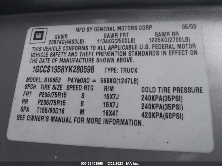 2000 Chevrolet S-10 Ls VIN: 1GCCS1958YK280598 Lot: 38403950