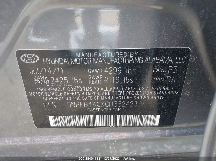 5NPEB4ACXCH332423 2012 Hyundai Sonata Gls